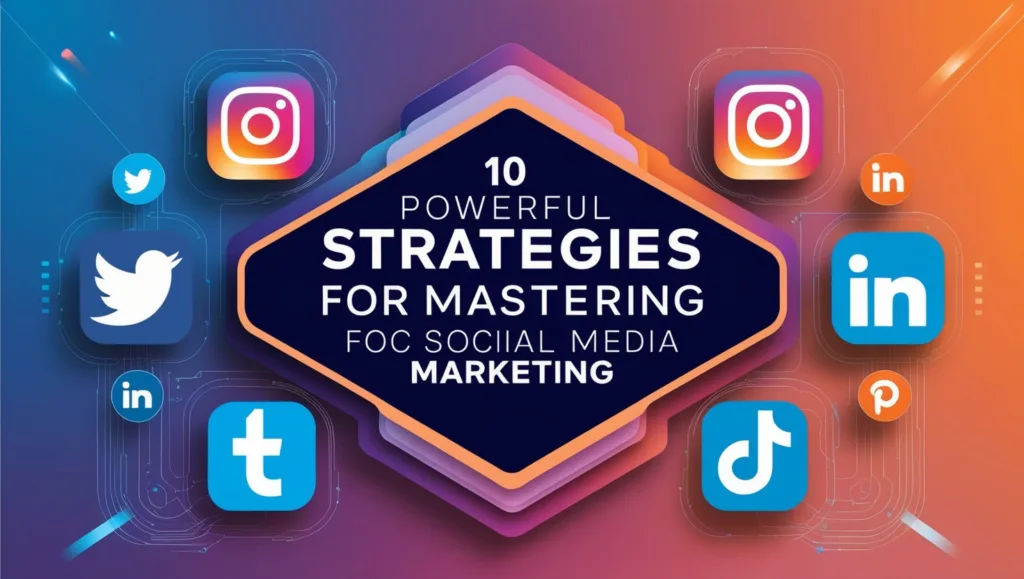 Icons of Facebook, Instagram, LinkedIn, Twitter, and TikTok on a gradient background representing Social Media Marketing strategies.